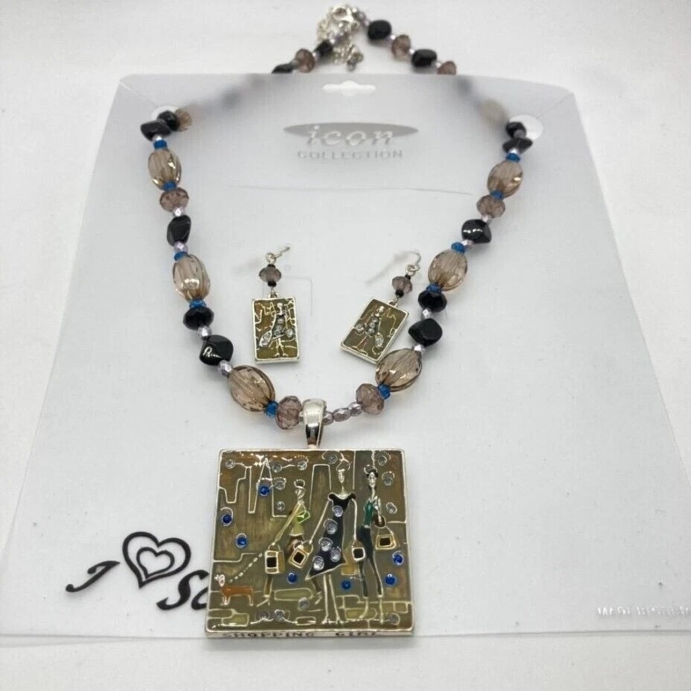 ICON Collection "Shopping Girl" Enamel Rhinestone Necklace & Dangle Earrings Set